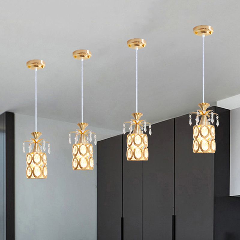 Goldene zylindrische Suspension Licht Modernismus 1 Lichtkristall eingebetteter Anhänger
