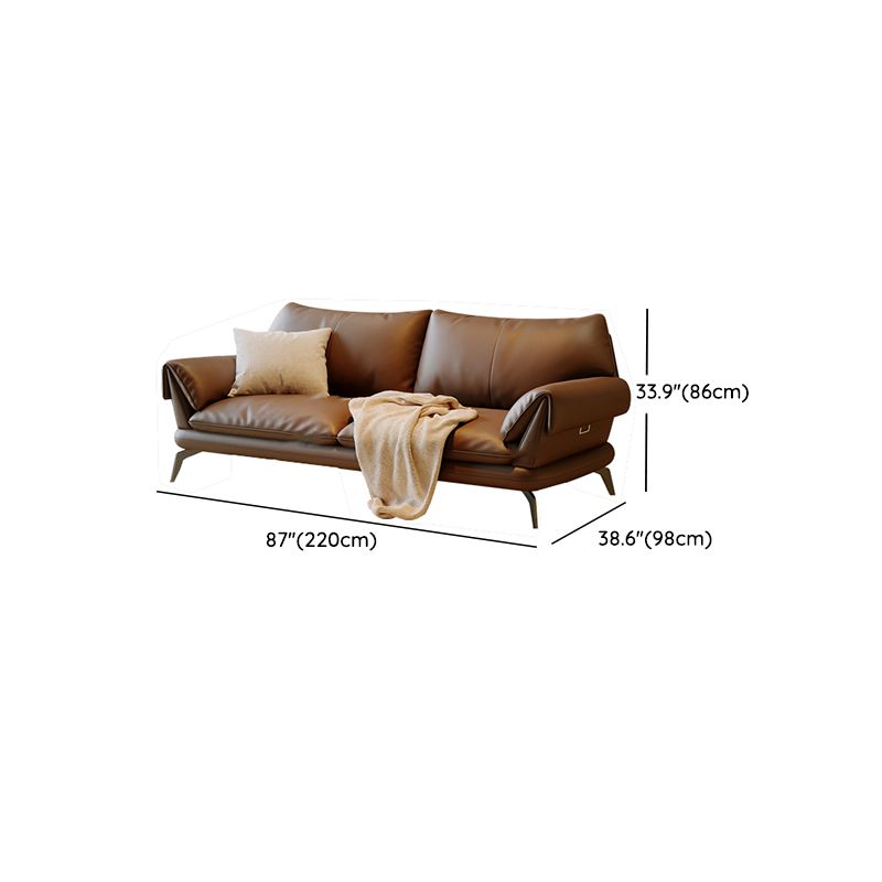 Brown Genuine Leather Sofa Loose Back Flared Arm Sofa with Pillows