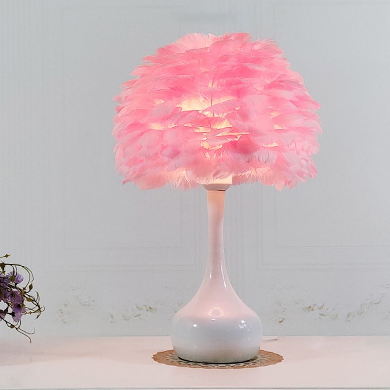 Lampada notturna a cupola in piuma d'oca naturale Lampada da tavolo moderna a 1 lampadina grigia/bianca/rosa con base a goccia