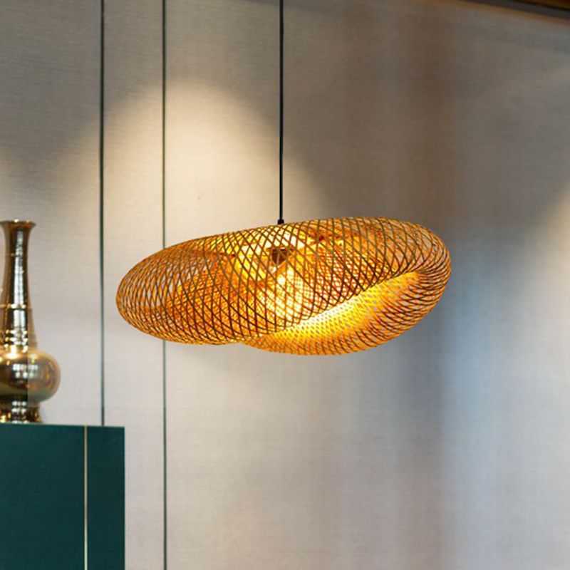 Hand-Worked Hanging Ceiling Light Novelty Modern Bamboo 1 Bulb Beige Pendant Lamp
