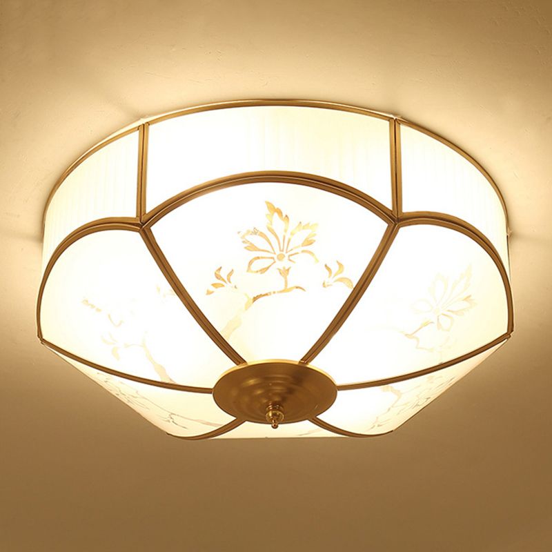 Gold Bowl Ceiling Light in Colonical Luxury Style Copper Flush Mount with Printing Glass Shade