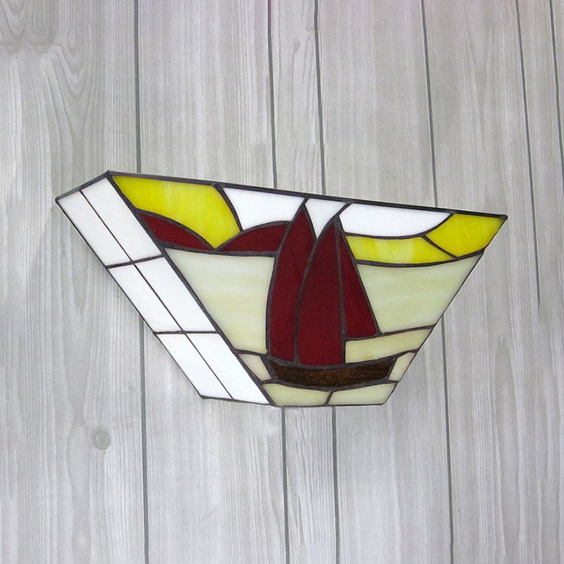 Trapezoid Wall Mount Light with Sailboat Stained Glass Nautical 1 Light Wall Sconce for Outdoor