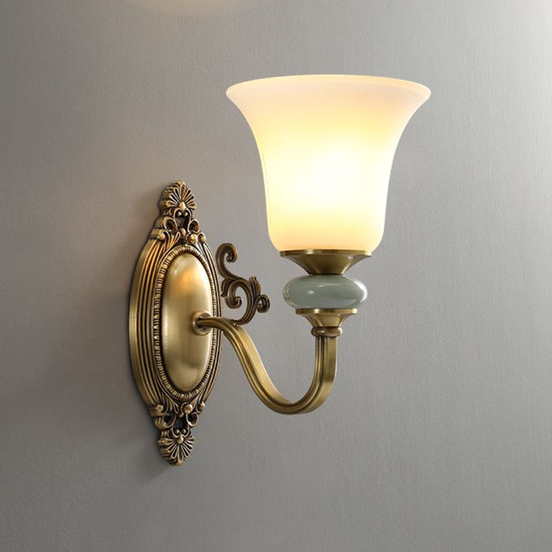 1/2-Bulb Frosted Glass Wall Mount Lamp Vintage Brass Finish Bell Bedside Up Wall Lighting Idea