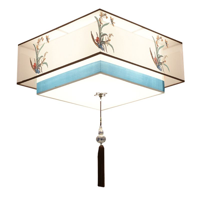 Geometric Wrought Iron Ceiling Light in Traditional Simplicity Fabrics Indoor Flush Mount with Ceramic Flower Decoration