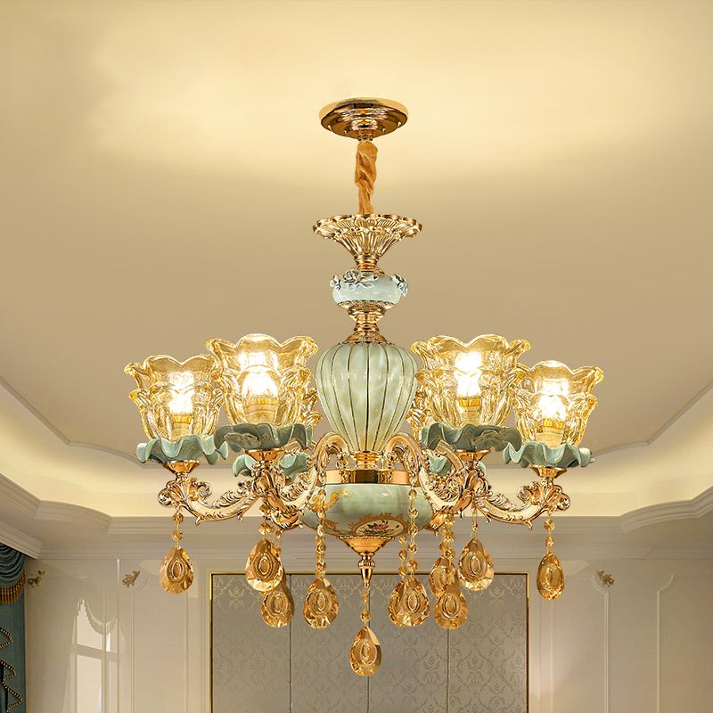 European Style Chandelier Metal Flower Shape Hanging Light with Crystal for Bedroom