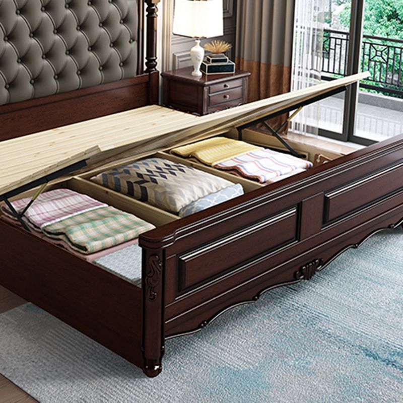 Rubberwood Traditional Panel Bed 62.59" High Brown Bed with Upholstered Headboard
