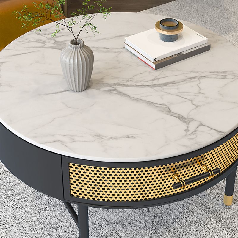 Glam 17.7" H Round Slate Coffee Table Iron 4 Legs Cocktail Table with Drawer