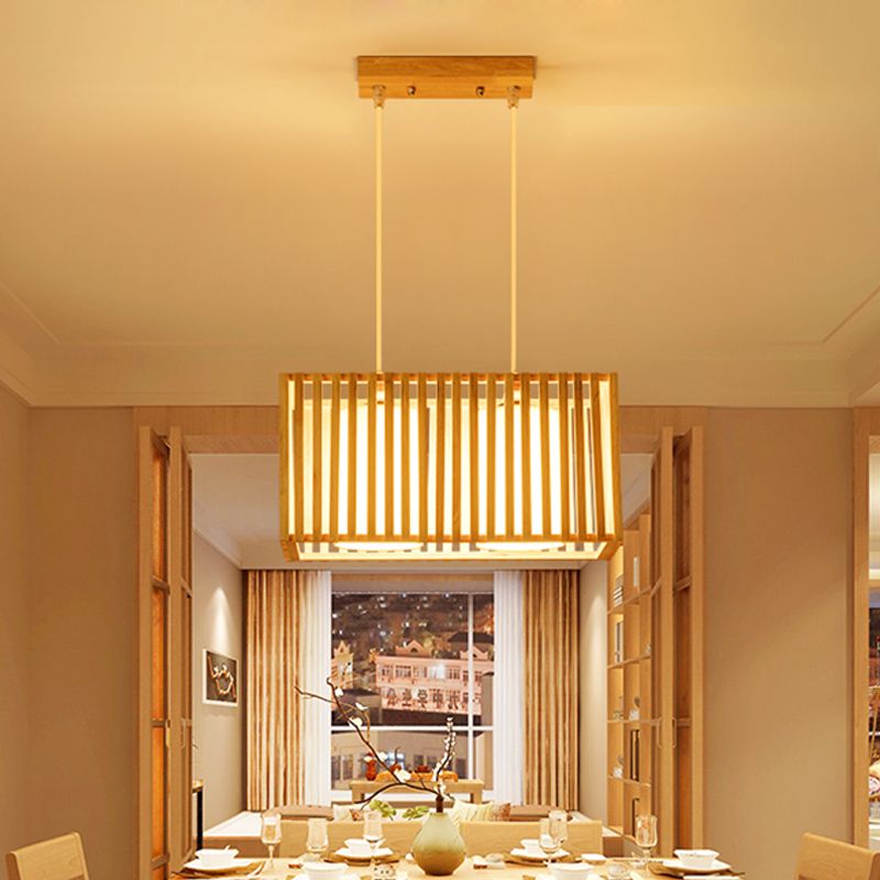 Rubber Wood Cuboid Island Light Style japonais Éclairage pendentif à 2 têtes sur table à manger