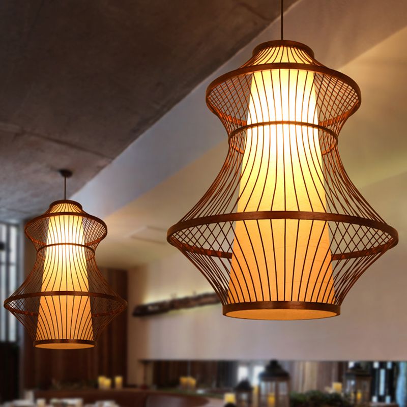 16"/19.5"/23.5" W 1-Bulb Bistro Pendant Light Asian Brown Hanging Light Kit with Urn Bamboo Shade