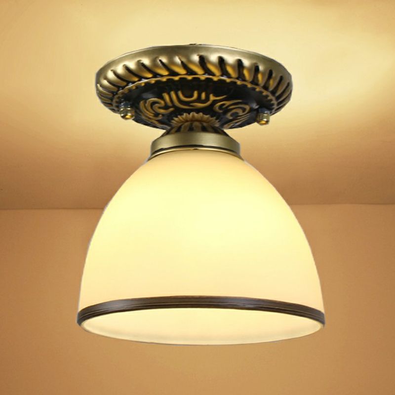 Single Frost Glass Semi Flush Mount Vintage Bronze Bell Corridor Ceiling Mounted Light