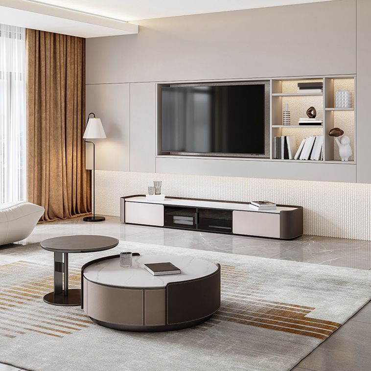 Slate and Leather Drum Coffee Table Modern Round Cocktail Table Set with Storage