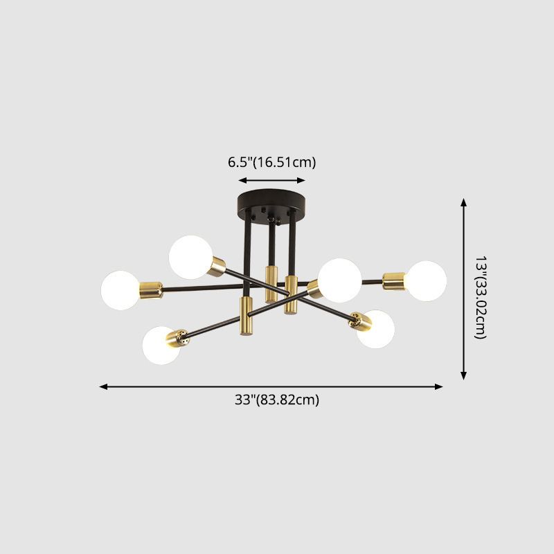 Black and Gold Semi Flush Mount in Industrial Creative Style Wrought Iron Radial Ceiling Light