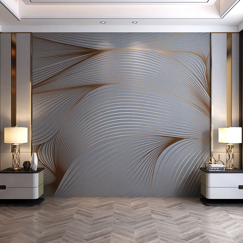 Big Cluster Line Wall Mural Grey and Gold Non-Woven Fabric Wall Covering for Coffee Shop, Personalized Size Available