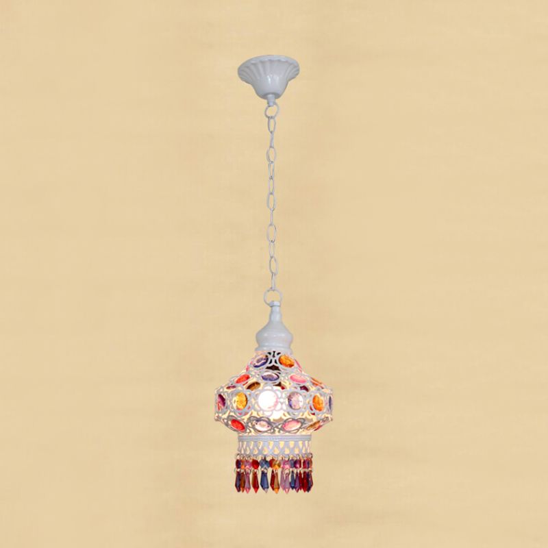 Lantern Metal Ceiling Pendant Bohemian 1 Light Living Room Hanging Ceiling Light in White/Blue