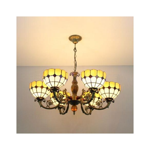 Ciotola gialla a sospensione Light 6 Luci Tiffany Antique Art Glasslelier per il corridoio