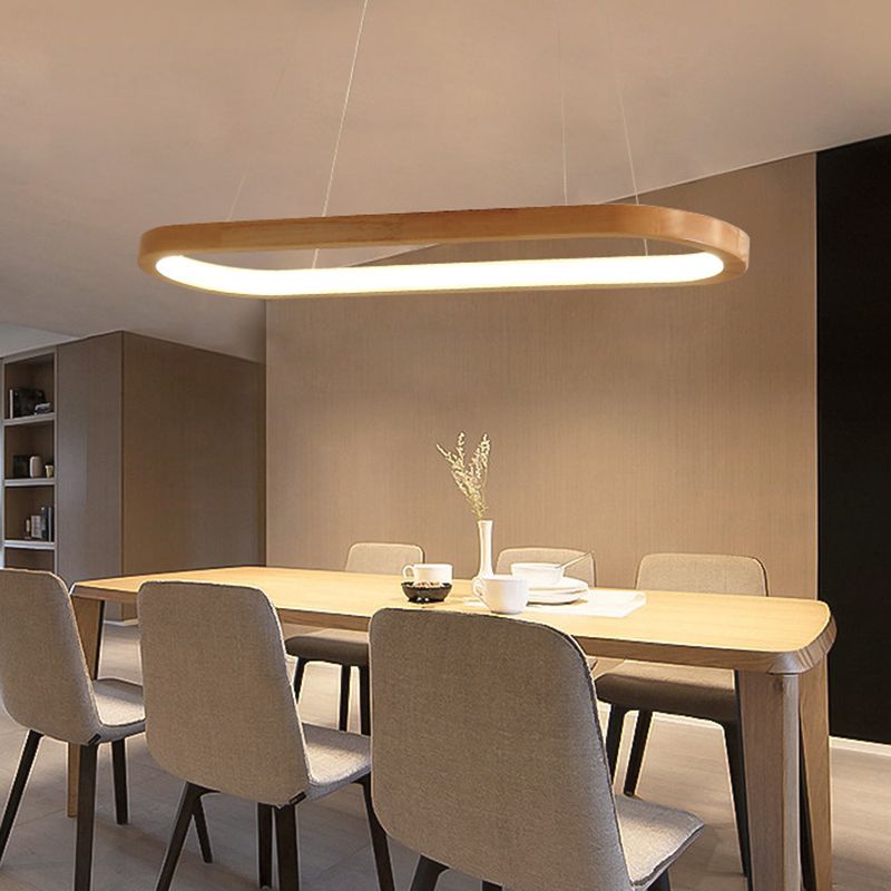 Modern Minimalist Oval Island Light LED Wooden Strip Restaurant Pendant Lighting