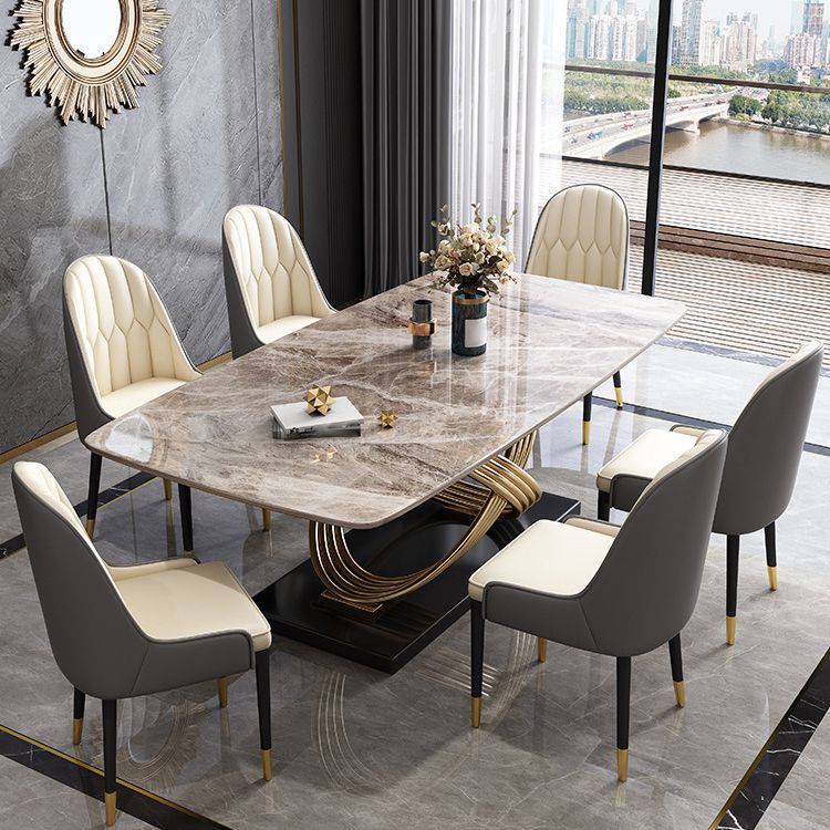 Stone Top Dining Table Modern Rectangle Dining Table with Gold Pedestal Base