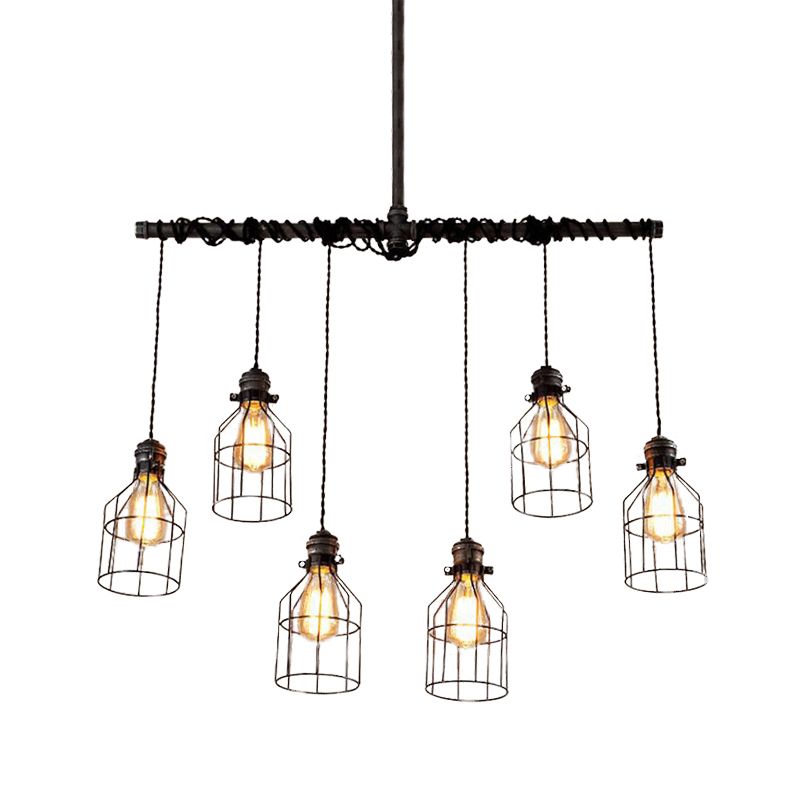 6/10 Bulbs Island Pendant Light Industrial Cage Iron Hanging Lamp Fixture in Aged Silver with Double Pipe Rod