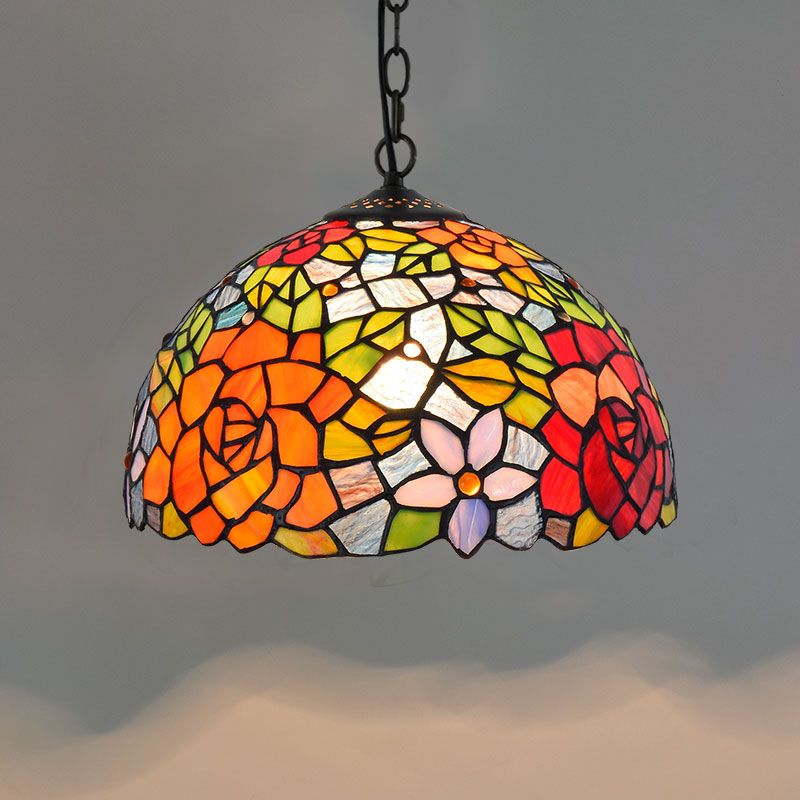 Tiffany-Style Dome Ceiling Light 1-Light Stained Glass Hanging Pendant Light for Restaurant