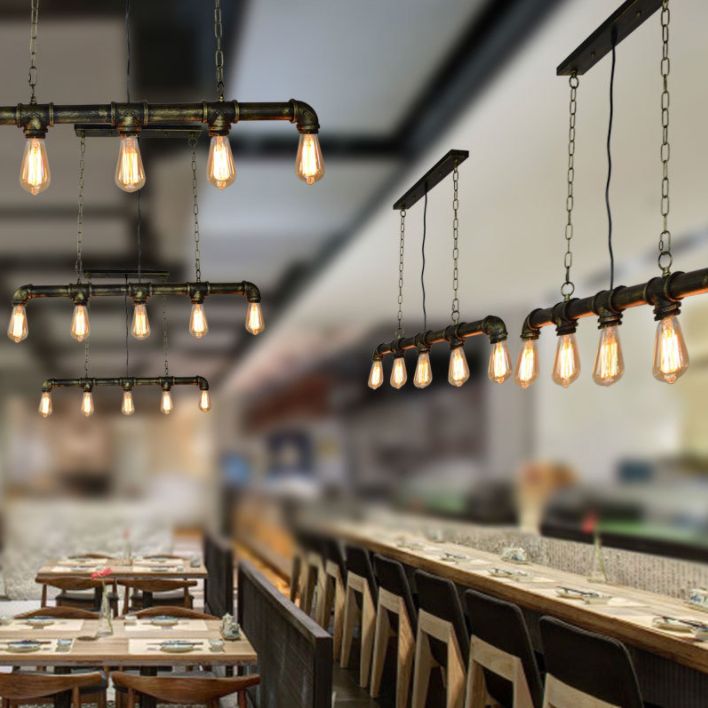5 Lights Metal Water Tubular Island Pendant Lighting Retro Industrial Exposed Bulb Island Lamp