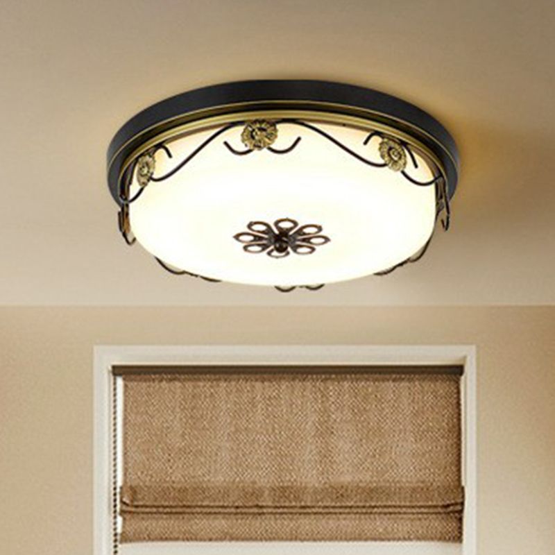 Rustikale trommelförmige LED Flush Licht Opal Glas Flush Deckenleuchte mit Dekorative Blume