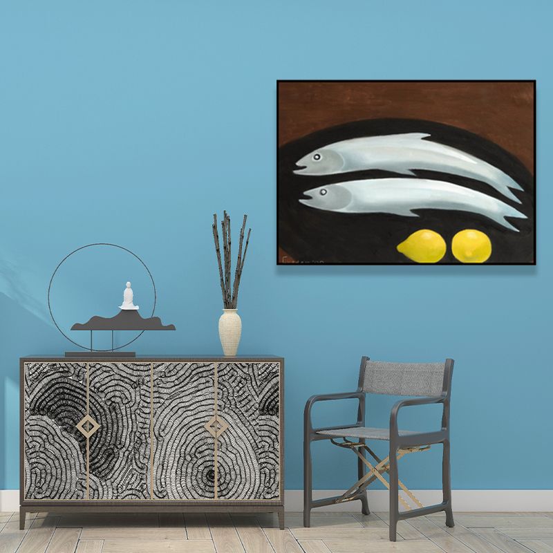 Cartoon Fish and Lemon Canvas Living Room Wall Art Decor in Black, Multiple Size Options