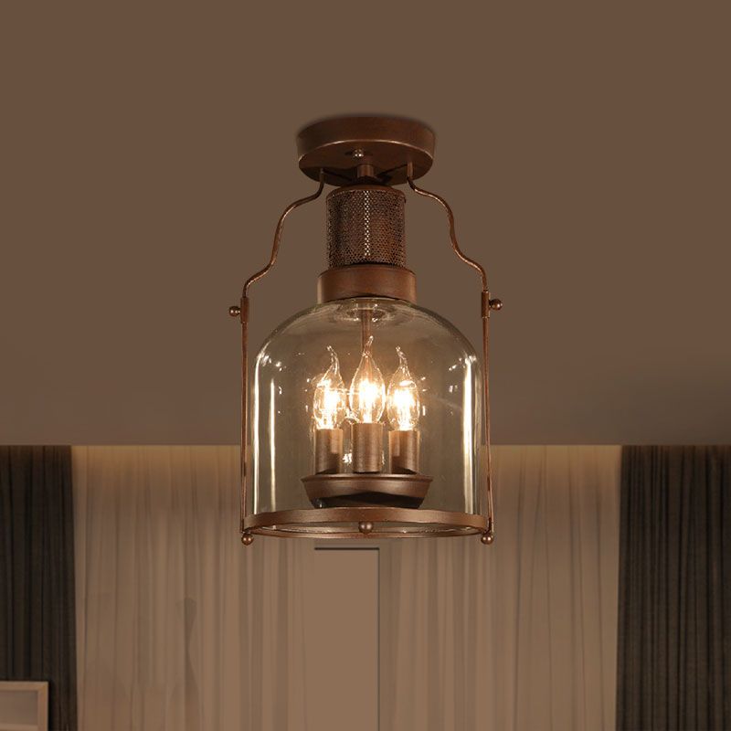 3-Light Ceiling Light Fixture with Dome Shade Clear Glass Rustic Living Room Semi Flush in Rust