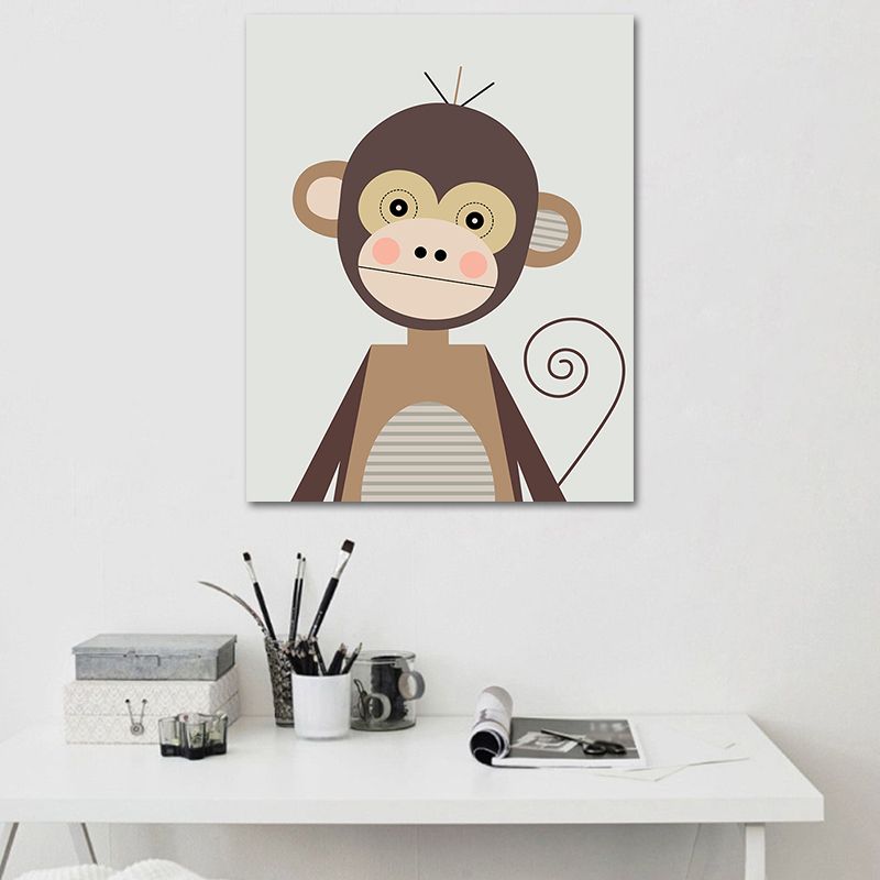Cartoon Animal Canvas Print Modernist Textured Wall Art Decor in Dark Color for Nursery