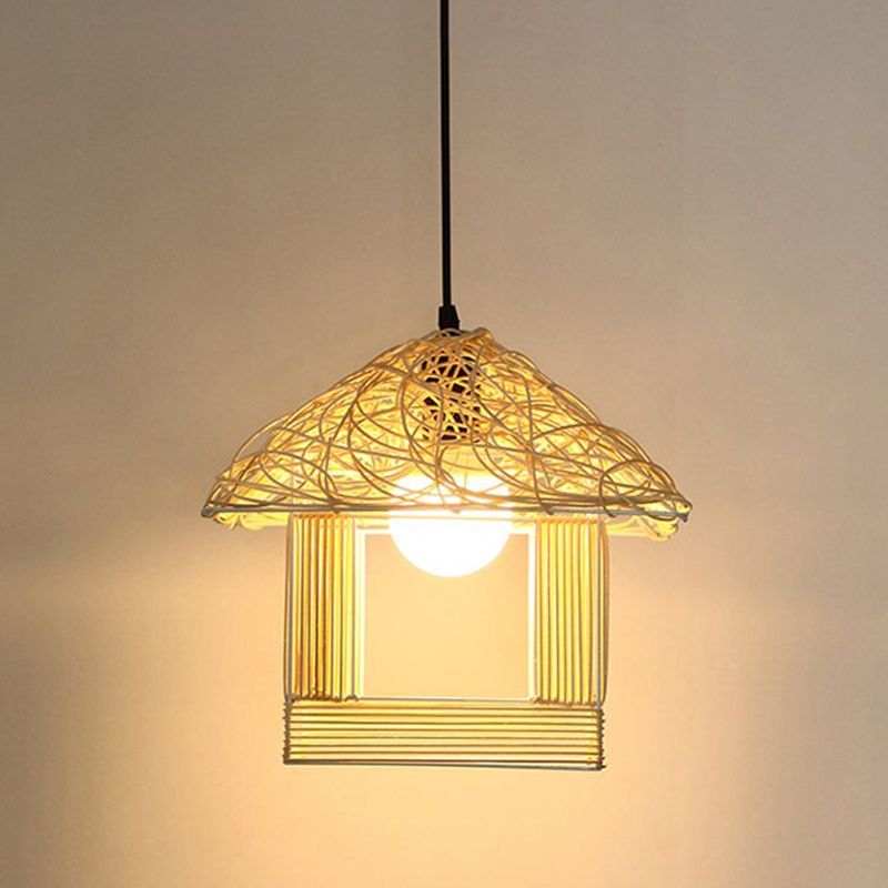 House Shaped Drop Pendant Asian Bamboo 1-Light Restaurant Hanging Light in Beige