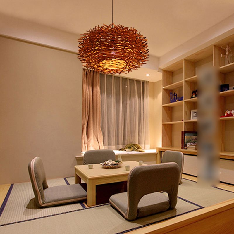 Asian Style Hanging Lamp Fixture 1-Light Pendant Light with Rattan Shade for Bedroom