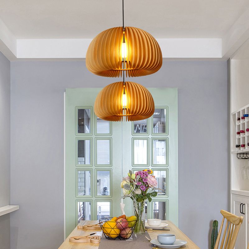 Wood Pumpkin Hanging Pendant Light Japanese Style Beige Pendant Lighting Fixture