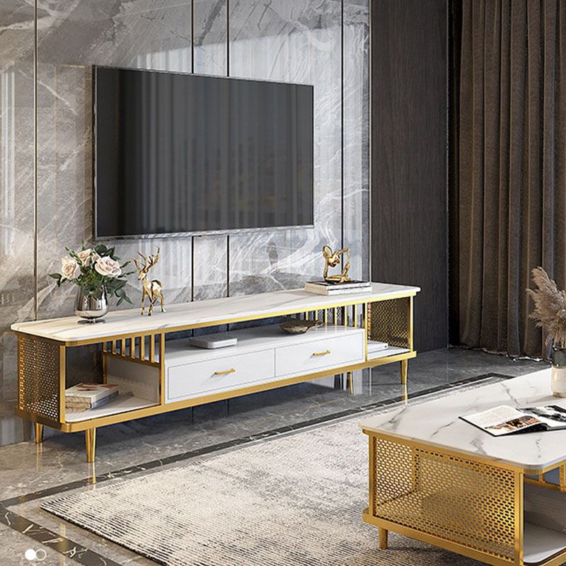 White Stone TV Stand Modern TV Media Stand with Metal Legs for Living Room
