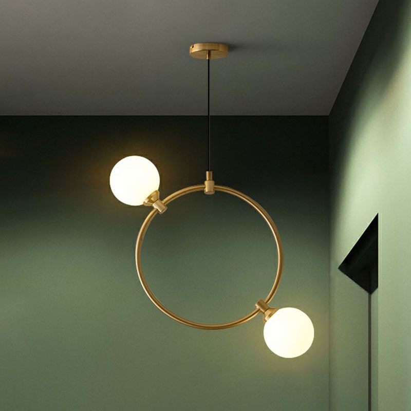 Simple Style Ball Pendant Chandelier Opal Glass 2-Bulb Dining Room Ceiling Light with Ring Deco in Gold
