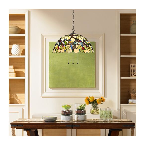 Green Tropical Bird Pendant Ceiling Light Tiffany 1 Head Multicolored Stained Glass Hanging Lamp for Dining Room