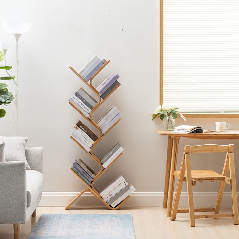 Modern Bamboo Bookshelf Geometric Vertical Open Shelf Bookcase
