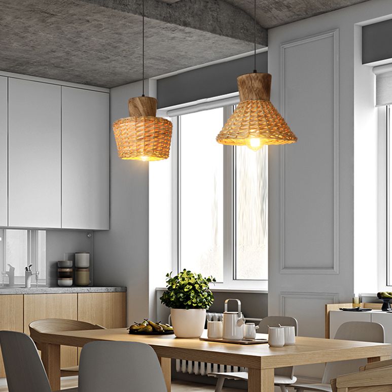 Asian Style Bamboo Weaving Pendant Light 1-Light Simplicity Wooden Hanging Lamp for Bedroom