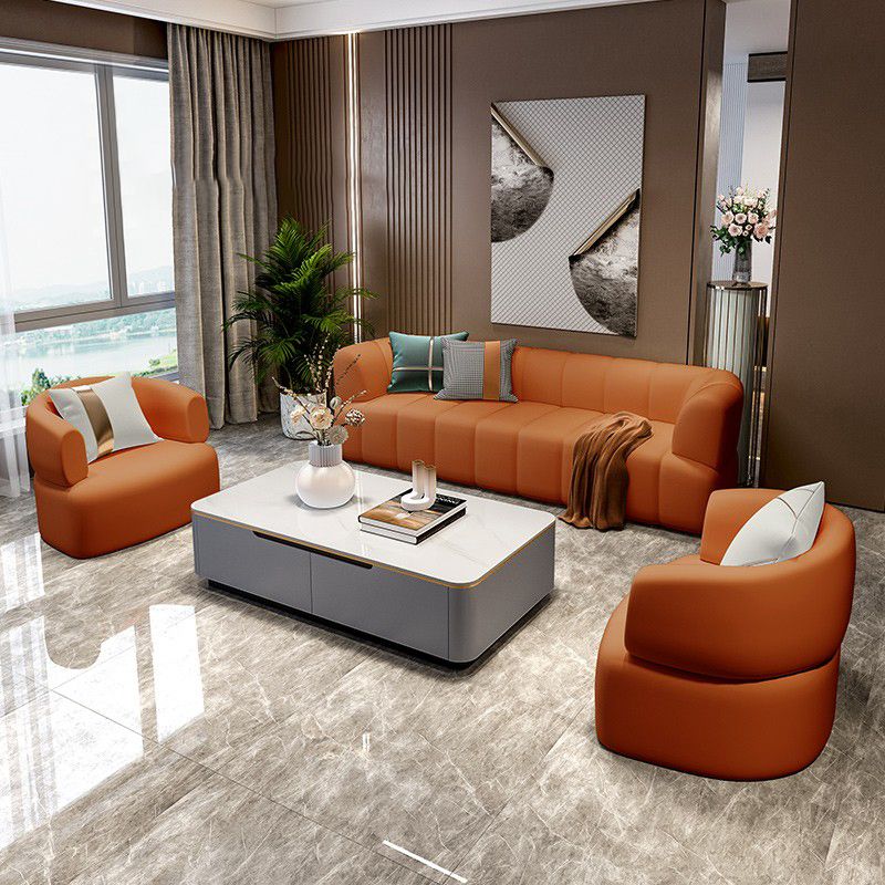 Faux Leather Recessed Arm Sofa Contemporary Standard Sofa for Living Room