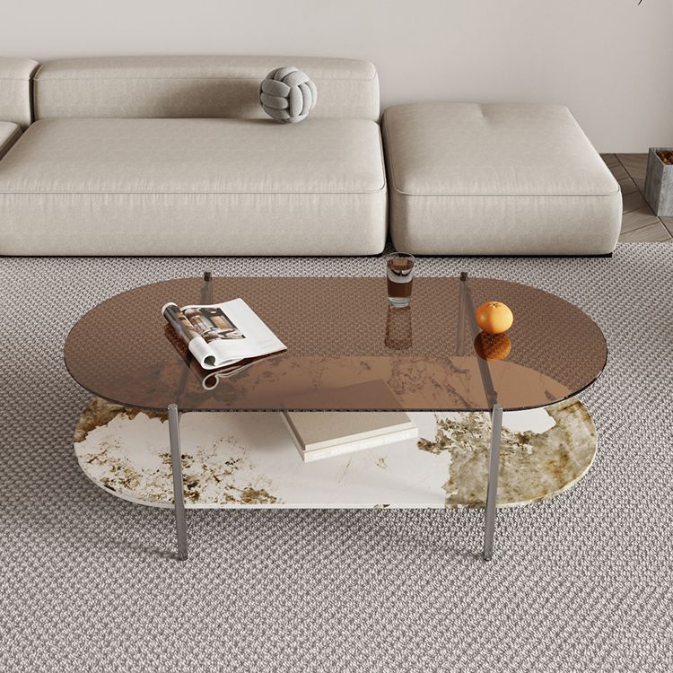 15.74" H Oval Glass Coffee Table Stainless Steel Sled Cocktail Table with Shelf