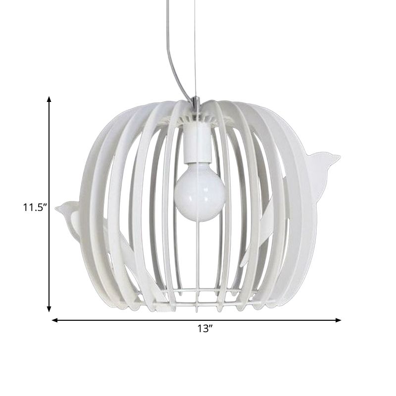 Drum Shaped Birdcage Pendant Lamp Modern Iron 1 Bulb Dinette Hanging Ceiling Light in White with Bird Decor