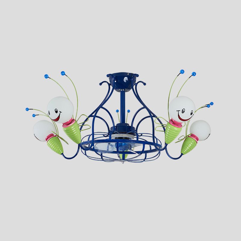 Modern Radial Hanging Fan Light Fixture 5 Heads Metallic 3 Blades Semi Flush Lamp in Blue for Bedroom, 30" Wide