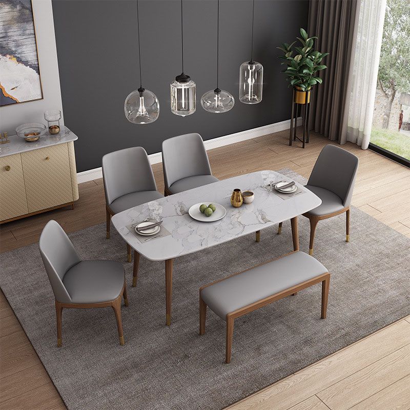 Stone Top Dining Table Mid-Century Modern Table with 4 Wood Legs