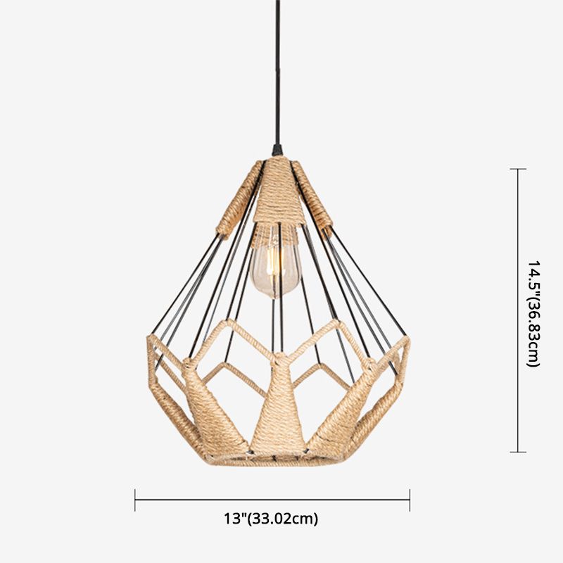 Pyramid Cage Rope Pendant Lighting Industrial Coffee Shop Hanging Pendant Light in Beige