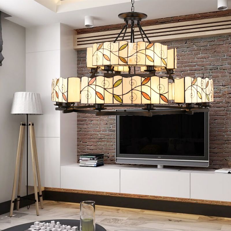 2 livelli di sospensione fogliare lampadario a catena metallica tradizionale lampadario tradizionale in finitura nera