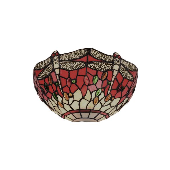 Half-Bowl Wall Light with Dragonfly and Jewel Tiffany Stained Glass Wall Sconce in Red/Blue for Cafe