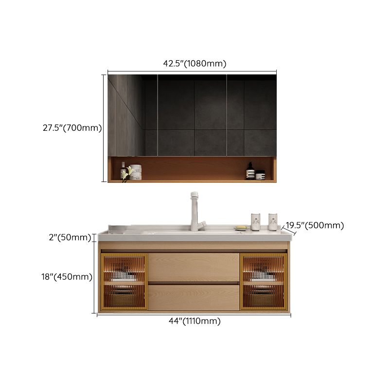 Wall Mount Vanity Mirror Single Sink Rectangle Door Wood Vanity with Drawers