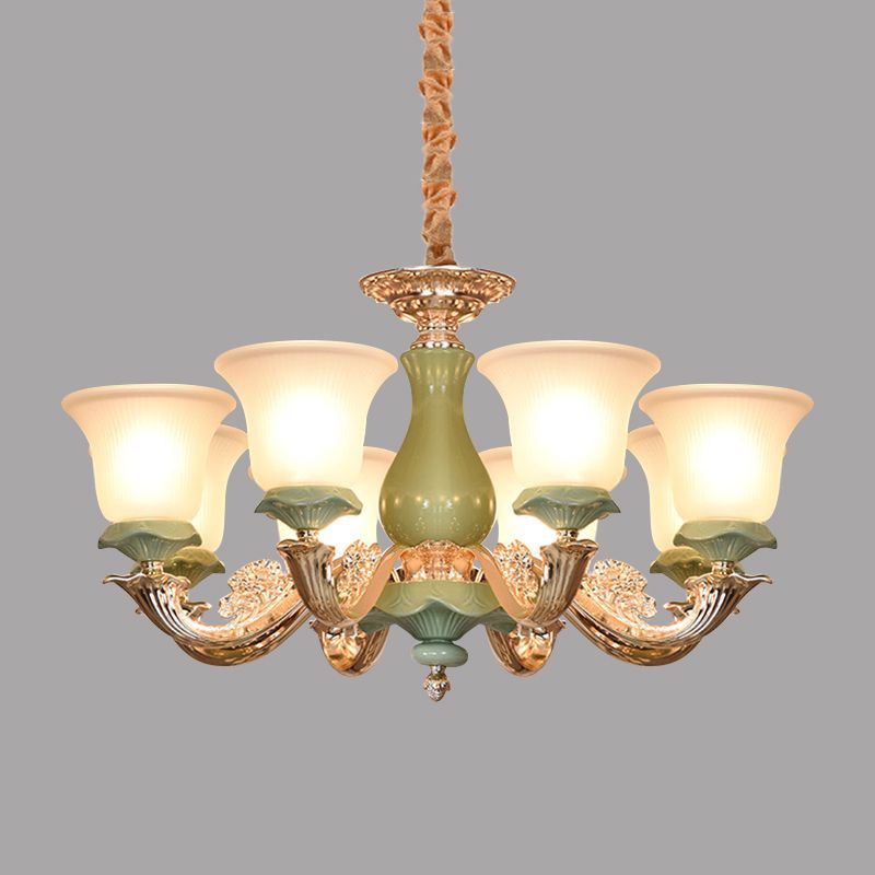 8/12 Lights Flared Shade Suspension Pendant Traditional Style Green Opal Glass Chandelier Lighting