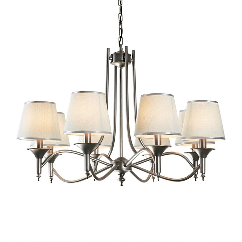 Traditional Twisted Arm Chandelier 8 Bulbs Metallic Pendant Light Kit in Silver/Blue/White and Silver with Conic Fabric Shade