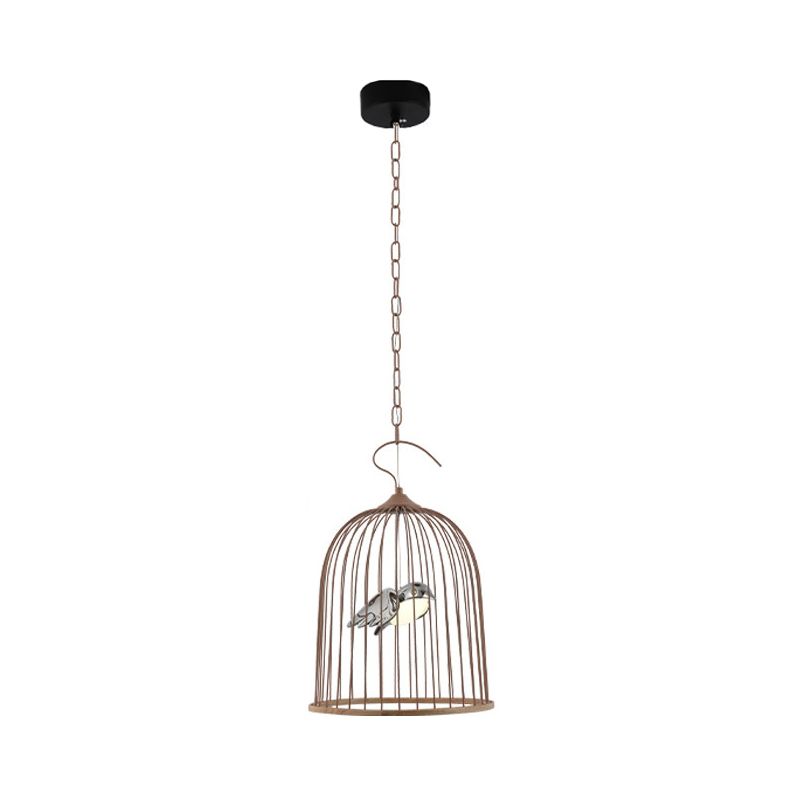 1 Bulb Cage Pendant Lamp Contemporary Metal Suspended Lighting Fixture in Black/Pink with Bird