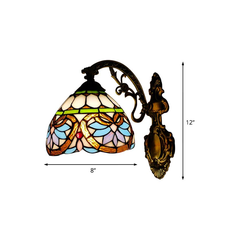 1 Light Domed Wall Sconce Victorian Stained Glass Up/Down Wall Lighting with Curved Arm in Brass