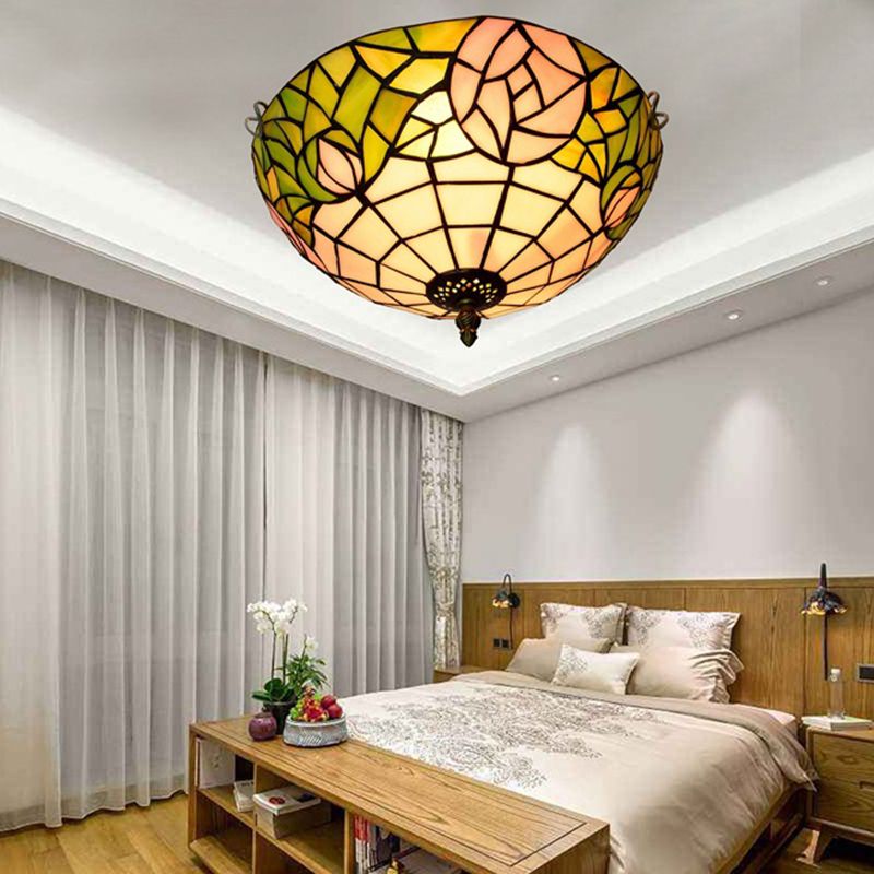 Rose Ceiling Flush Tiffany-Style Stained Art Glass 2 Heads Bronze Flush Mount Spotlight for Bedroom